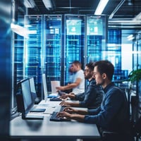 An image of a small business office with employees working on computers, while in the background, servers and data storage systems are shown with backup and disaster recovery processes running.