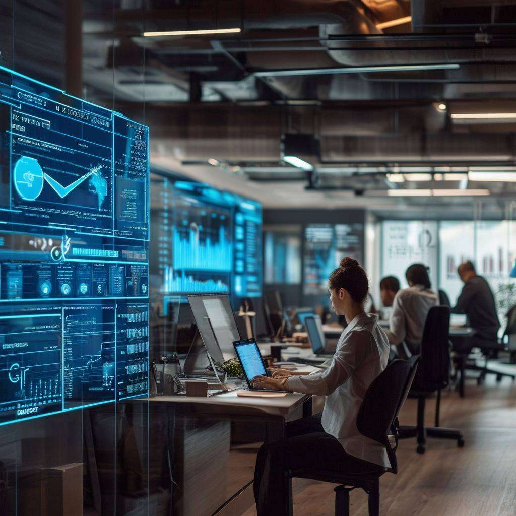 An image of a small business office with employees working on laptops, surrounded by cybersecurity software, cloud icons, network cables, and compliance documents.